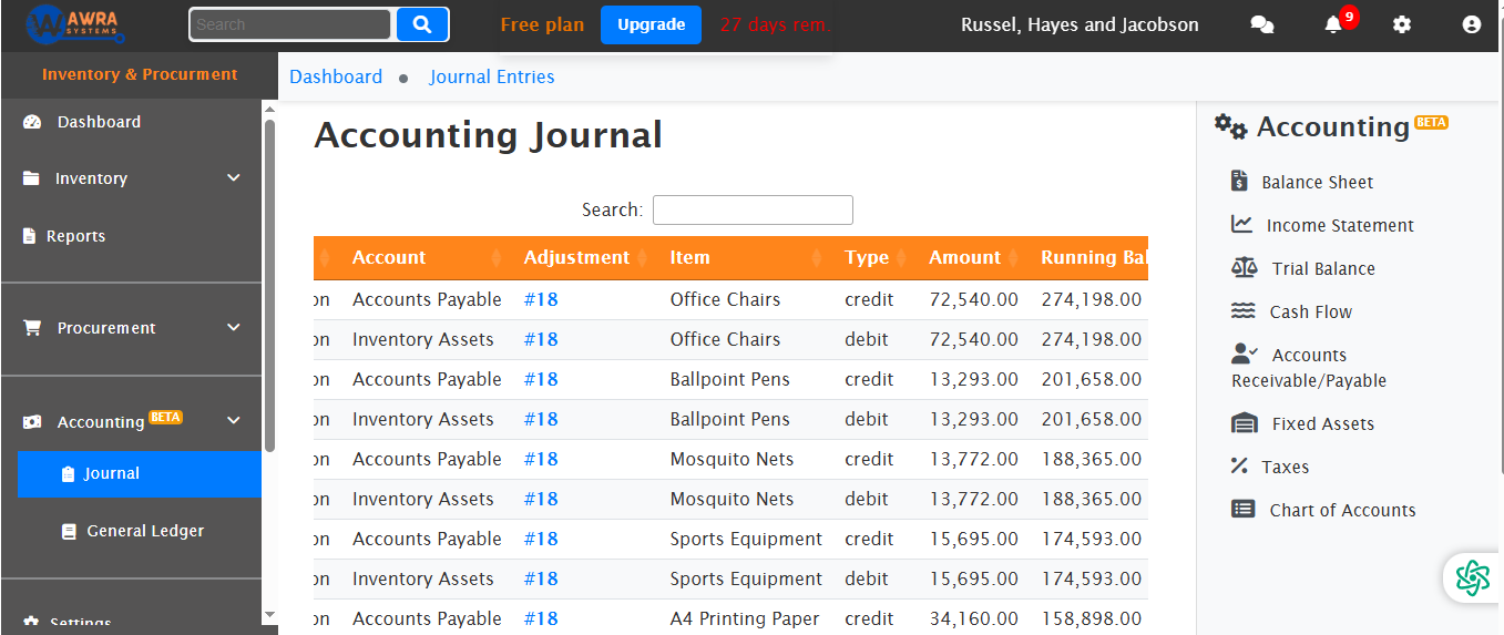Journal Entries interface